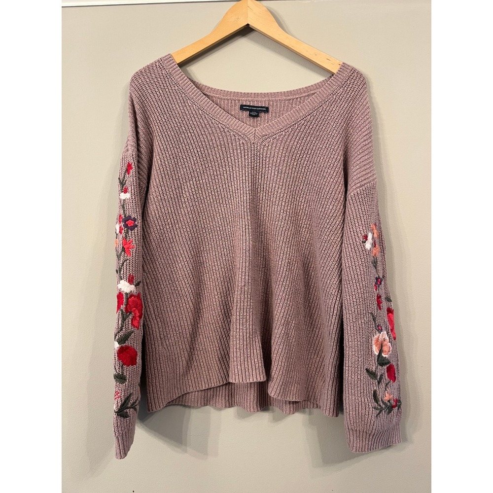 American Eagle Floral Embroidered V-Neck Ribbed Sweater Mauve Pink Womens Medium